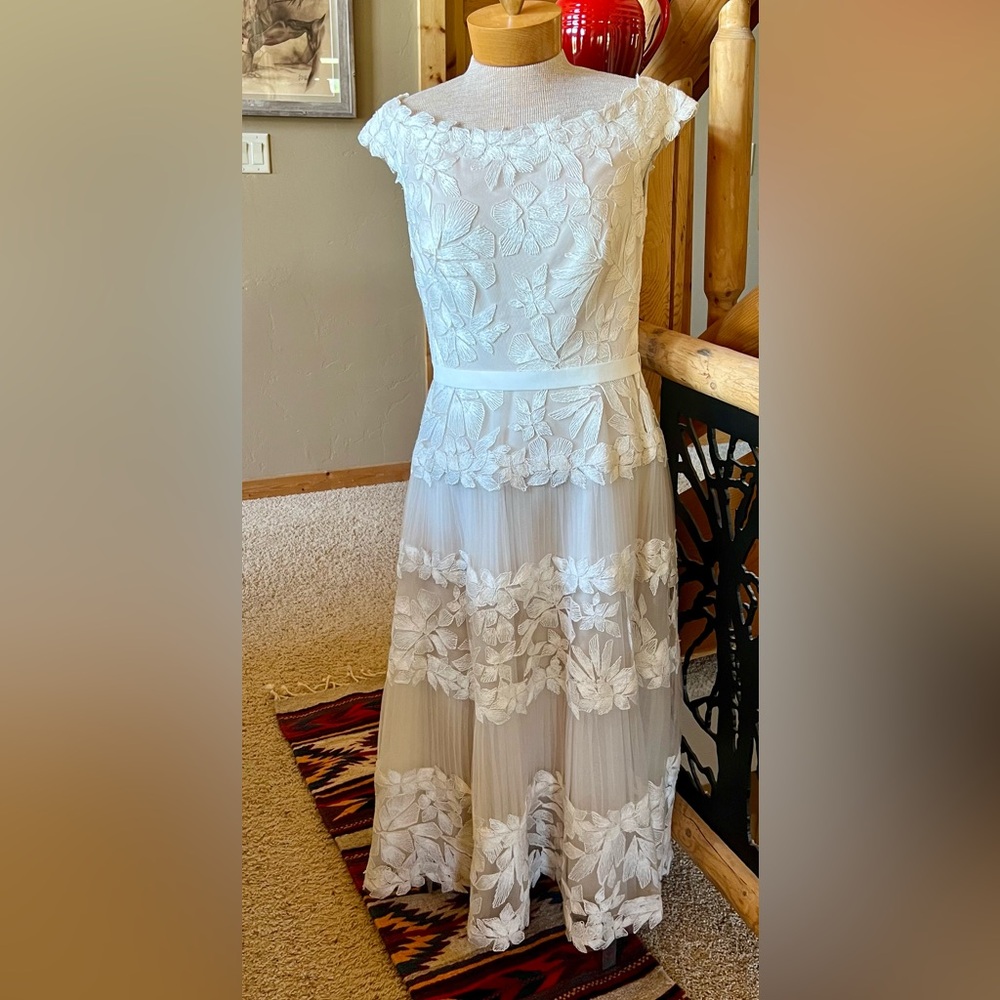 Formal T-length Tadashi Shoji off the shoulder lace